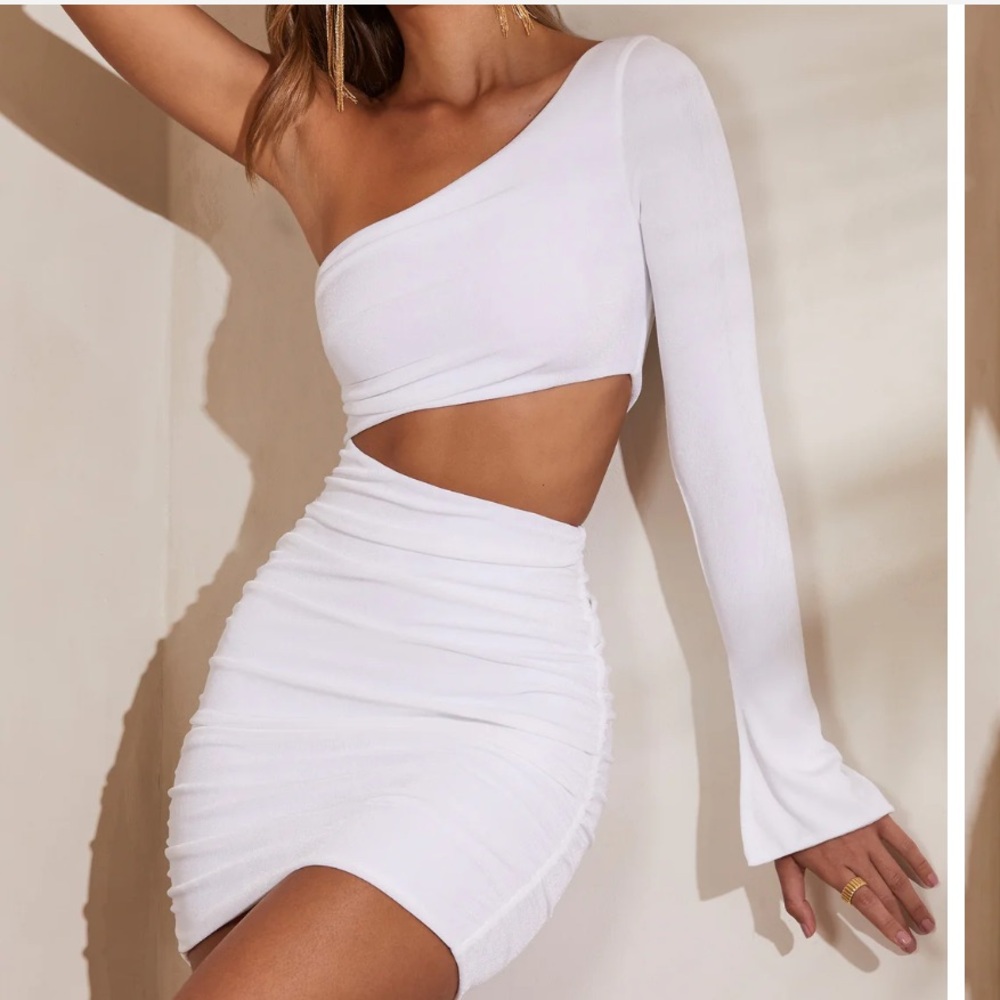 Oh Polly One Shoulder Flare Sleeve mini dress in white